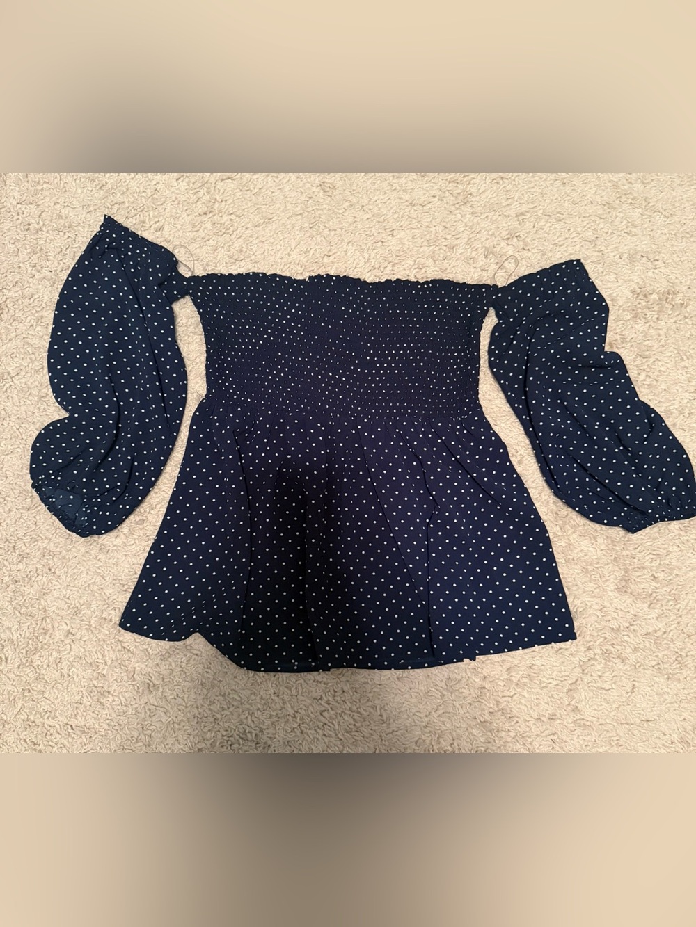 Navy Polka-Dot Smocked Off-Shoulder Top Size Large